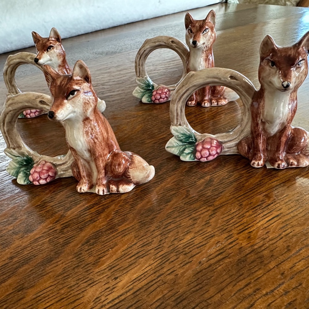 90s Fitz & Floyd Reynard Fox With Log Woodland Floral Ceramic Napkin Rings set 4